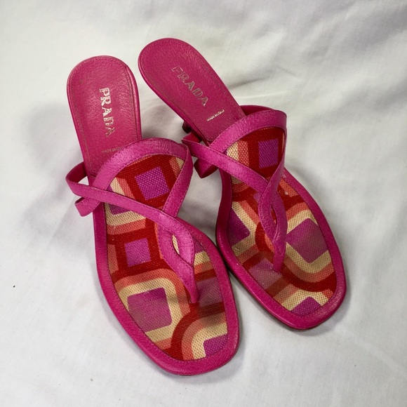 Prada Shoes - Prada pink leather/fabric sandals 2" Kitten heel